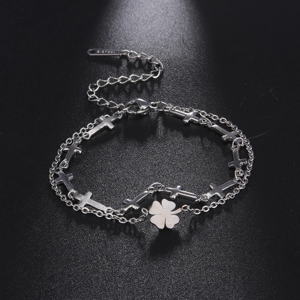 

Amaxer For Women Stainless Steel Bracelet Cross Lucky Clover Double Layer Chain Pulseira Feminina Lover Engagement Jewelry Gift