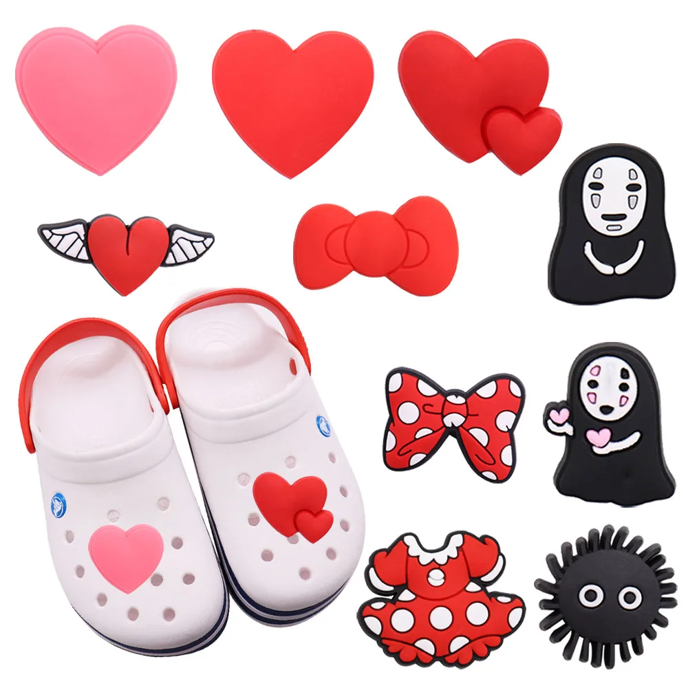 1-10PCS Bowkknot Red Heart PVC Croc Jibz Buckle Clog Shoe Charms Japan Animation No Face Man Coal Dress DIY Shoes Accessories