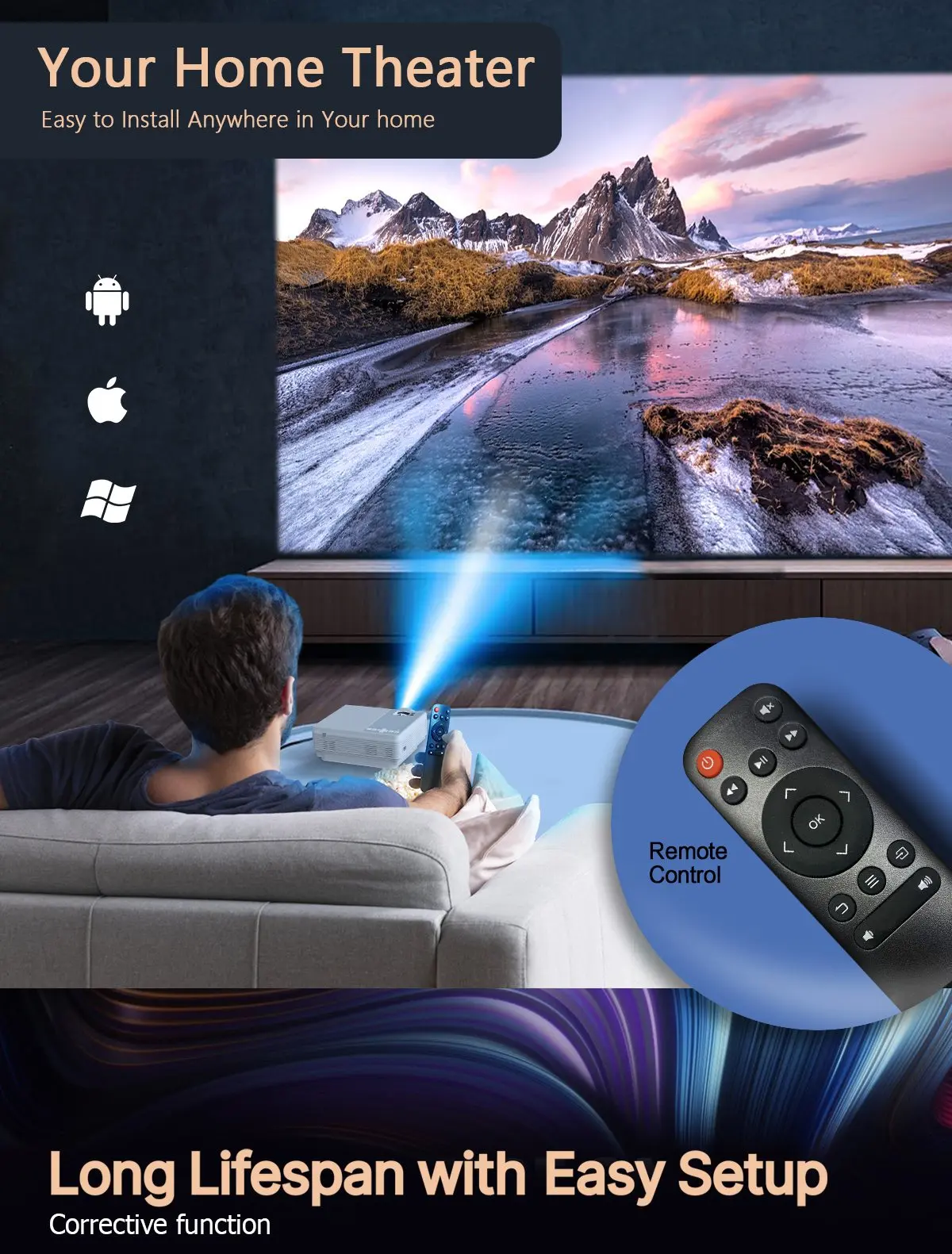 Умный портативный видеопроектор SUNYS 4K проектор для домашнего мини-кинотеатра