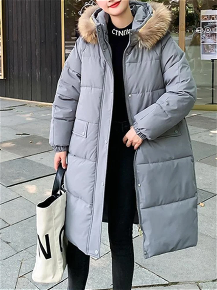2023 New Long Sleeve Hooded Elegant Long Jacket Ladies Korean Casual Coats Thicken Warm Parkas for Women Autumn Winter