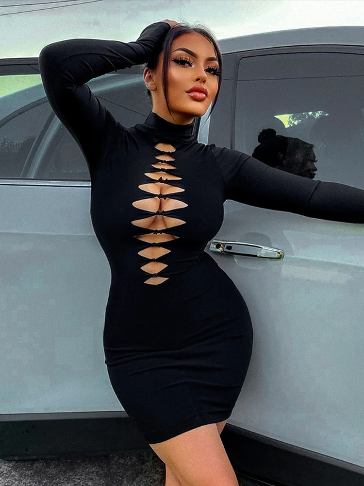 

Long Sleeve Bodycon Hollow Out Sexy Party Club Black Mini Dress Women 2023 Spring Fall Sheath Dresses Female Clothes Wholesale
