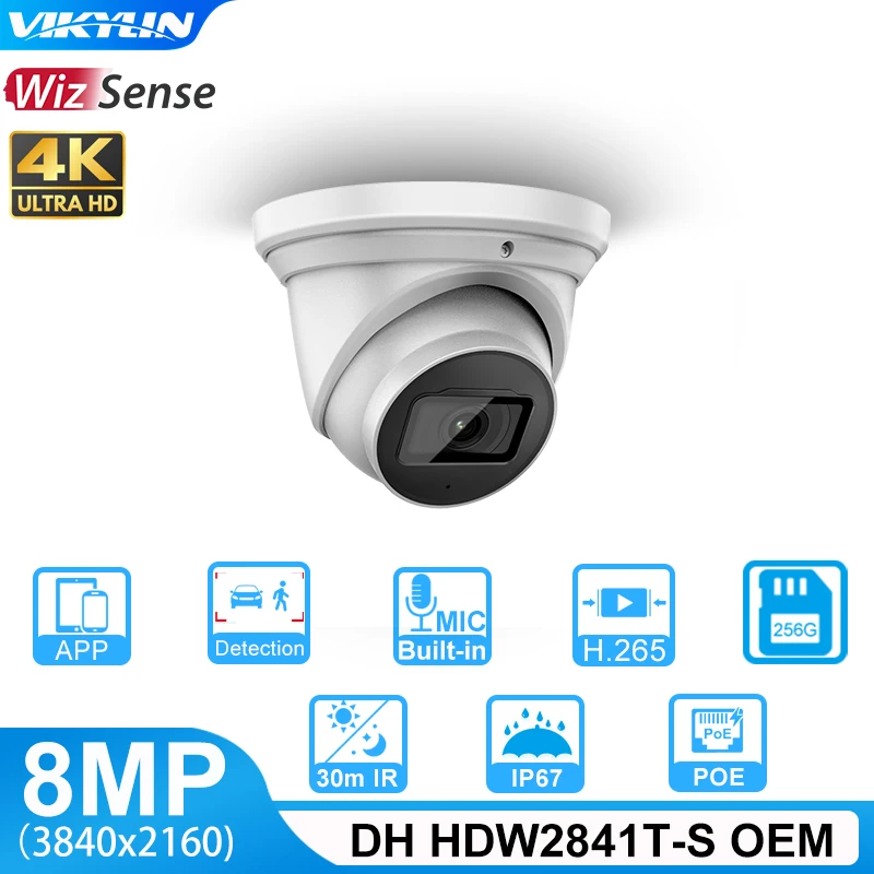 

Vikylin For Dahua Outdoor Security Camera OEM 4K HDW2841T-S 8MP WizSense POE MIC SD Card Slot H.265 IR 30m IVS Onvif IP67 IP Cam