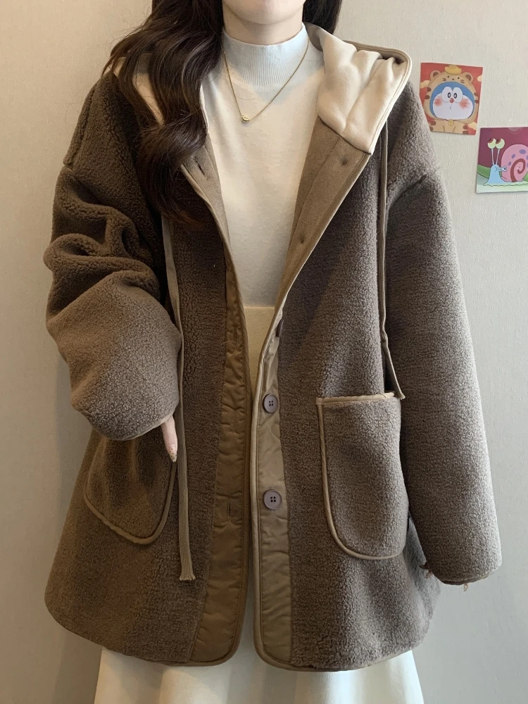 Thickened Polar Fleece Lamb Wool Hoodie Women Winter 2024 Plus size Chubby Girl Large Version Loose Idle Sle Top