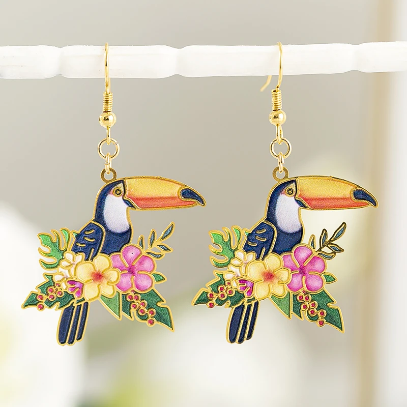 

Brass Gold Plated Lovely Animal Flowers Bamboo Parrot Dolphin Earrings Fashion Girl's Hanging Pendant Drop Earrings