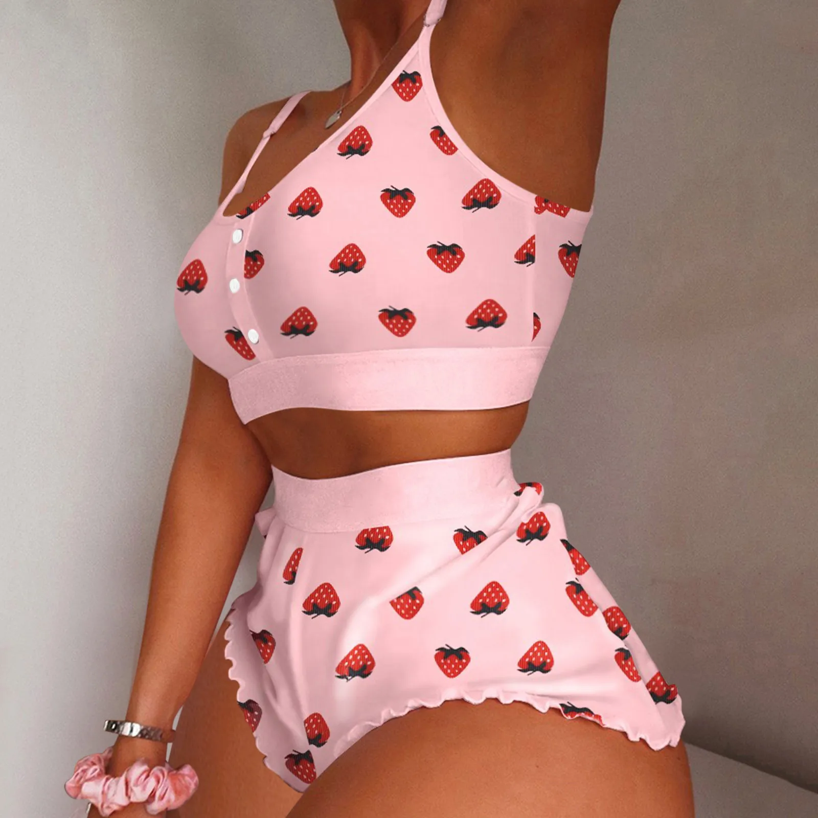 

Women's 2 Pieces Kawaii Strawberry Print Frill Hem Cami Pajama Set 2021 Femme Cute Crop Top & Shorts Suits Lady Sleepwear