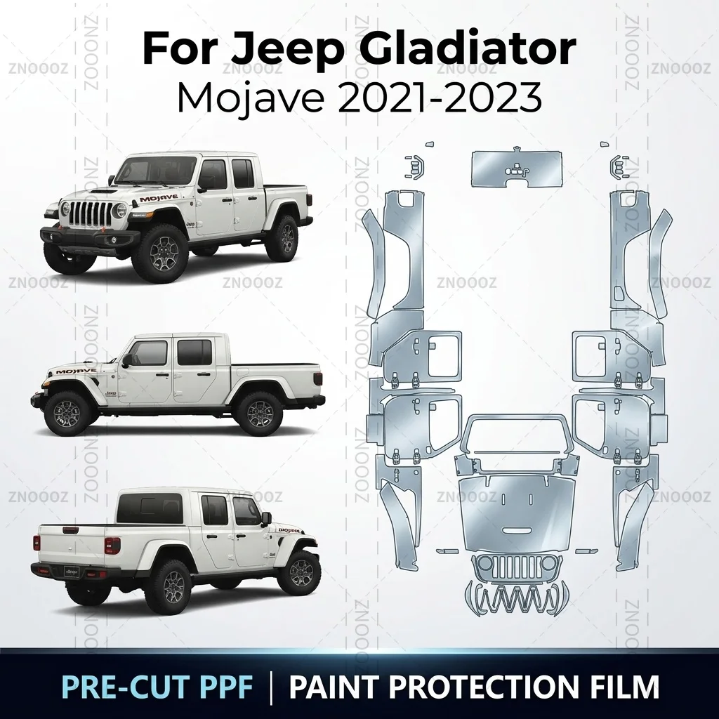 Фото Для Jeep Gladiator Mojave 2021-2023: Защитная пленка PPF (8,5 мил), предварительно вырезанная, из ТПУ, для полной оклейки автомобиля, глянцевая/матовая черная №1