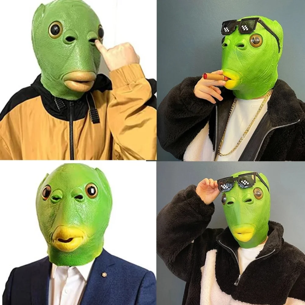 

Забавная Реалистичная зеленая маска в виде животного, маска с головой рыбы, монстр, зеленая голова, головной убор на все лицо, Необычные шутк...