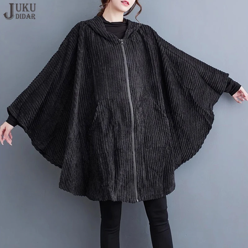 

New Winter Woman Cape Style Loose Fit Big Size Casual Black Corduroy Hooded Jacket Batwing Sleeve Oversized Outerwear JJJK003