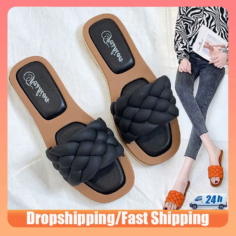 

2023 New Summer Outdoor Beach Woven Flat Slippers Women Open Toe Slipper Sandals Casual Indoor PU Leather Slides Female Shoes