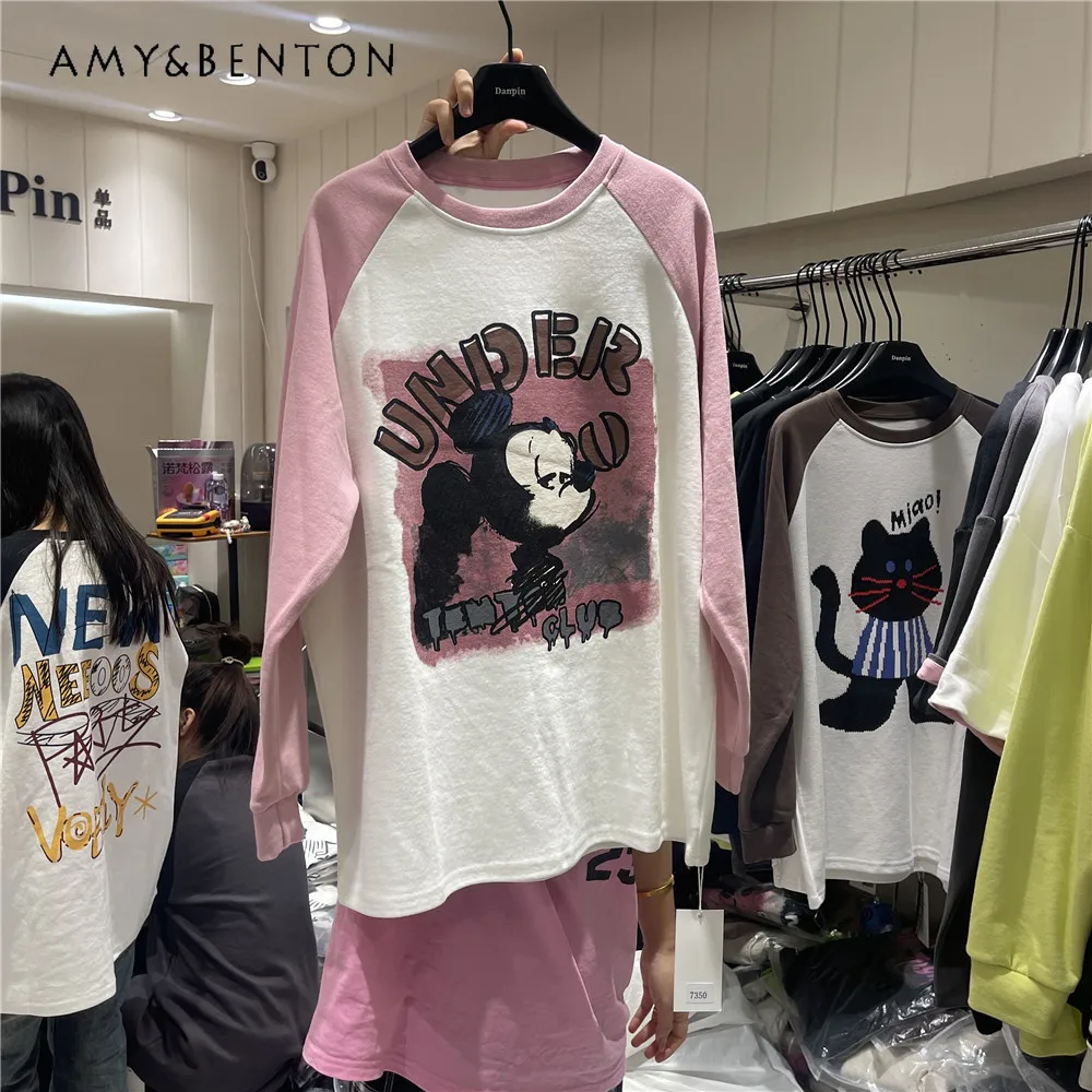 

2023 Autumn And Winter New Cartoon Printed Fleece Color Matching Age-Reducing Versatile Long-Sleeved T-shirt Kawaii Clothes Tees