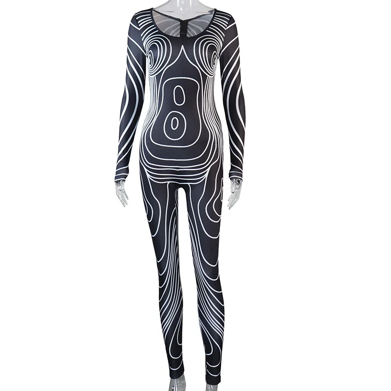 Sunny Autumn Sexy Y2K Clothes Tie Dye Print Long Sleeve Bodycon Skinny Jumpsuit For Women 2022 Club Streetwear Romper Outfits