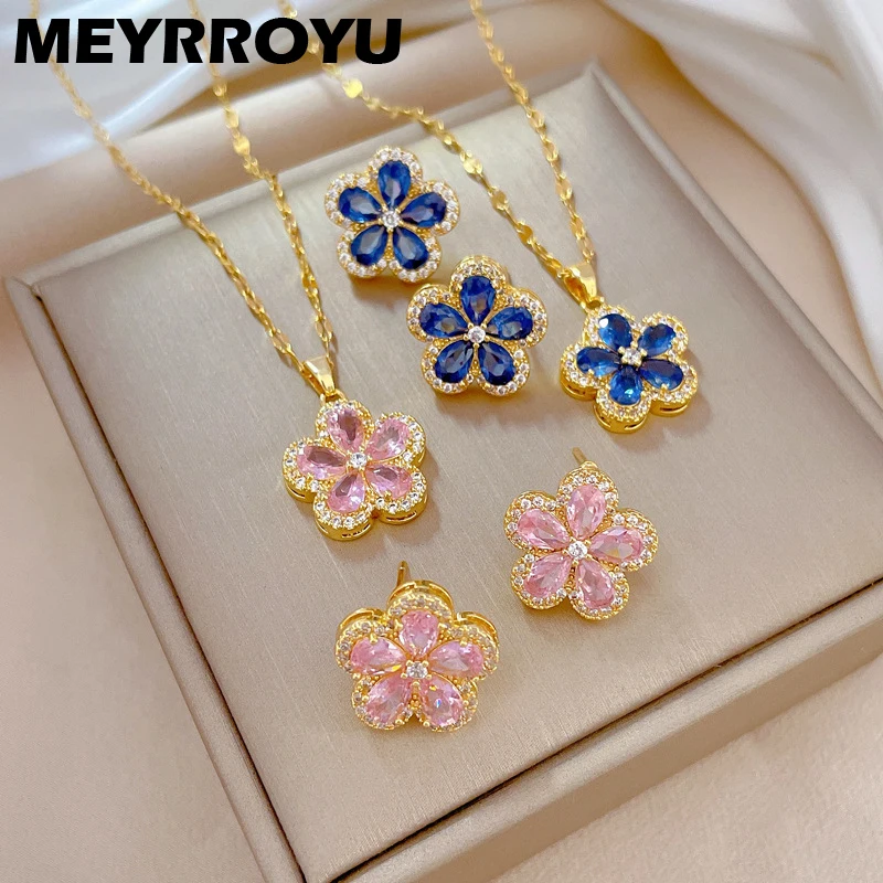 

MEYRROYU 316L Stainless Steel Jewelry Set Pink Blue Flower Necklace Stud Earrings For Women New Arrival Charm Gift Accessories