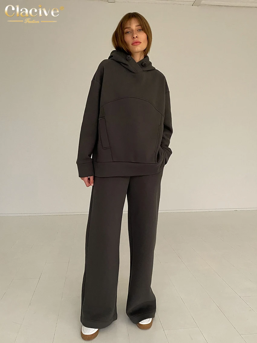 

Clacive Fashion Loose Black 2 Piece Sets Women Outfit Winter Long Sleeve Hooded Sweatshirt With High Waist Wide Pants Set Female