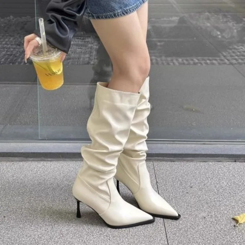 Ladies Knee Shaft Shoes Pointed Toe High Heels Women's Long Boots Elegant Heeled Leather on Promotion Large Size Warm Y2k Boot