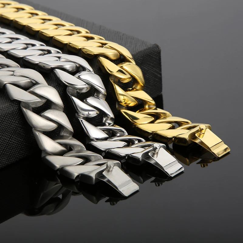 Fongten 31mm Width Men's Heavy Cuban Chain Bracelets Brushed Shiny Stainless Steel Chunky Bracelet For Men Classic Jewelry