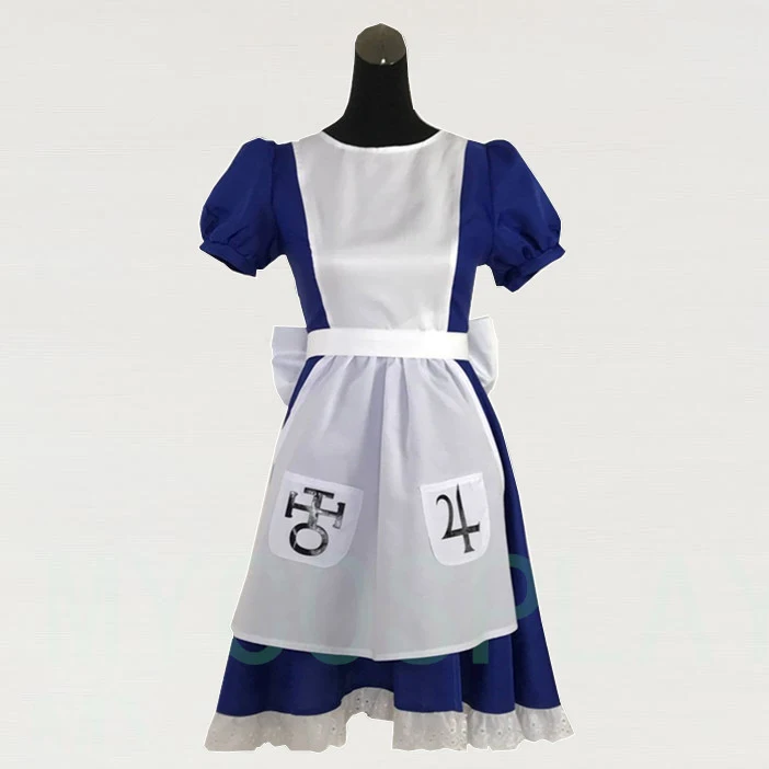 

Костюм для косплея из игры «Алиса безумие», Карнавальная Униформа на Хэллоуин, синий наряд горничной, фартук, костюм служанки, на заказ