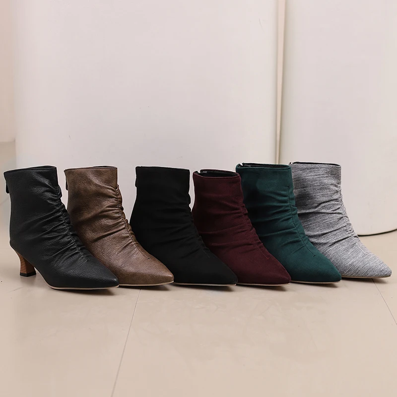 Kcenid осень-зима лаконичные плиссированные ботильоны для женщин с острым носком на