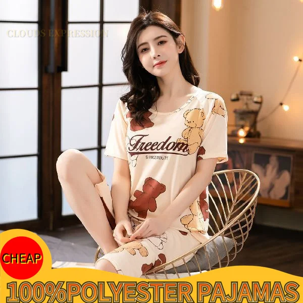 Summer Plaid Sleep Lounge Pajama Short-Sleeved Women's Set Cartoon Rabit Pyjamas Polyester Sleepwear 3XL 5XL Home Fashion