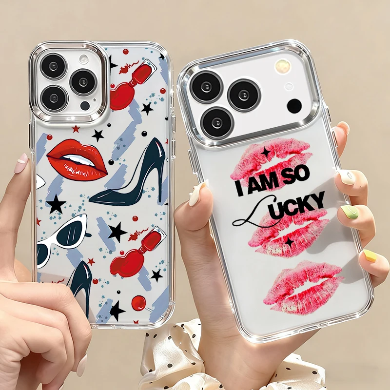 Фото Чехол для телефона с принтом красных губ для iPhone 17 Pro, 17e, 16, 15, 14, 13 Pro Max, 16e, 11, с гальваническим покрытием рамки камеры, мягкий ТПУ, прозрачная задняя крышка №3