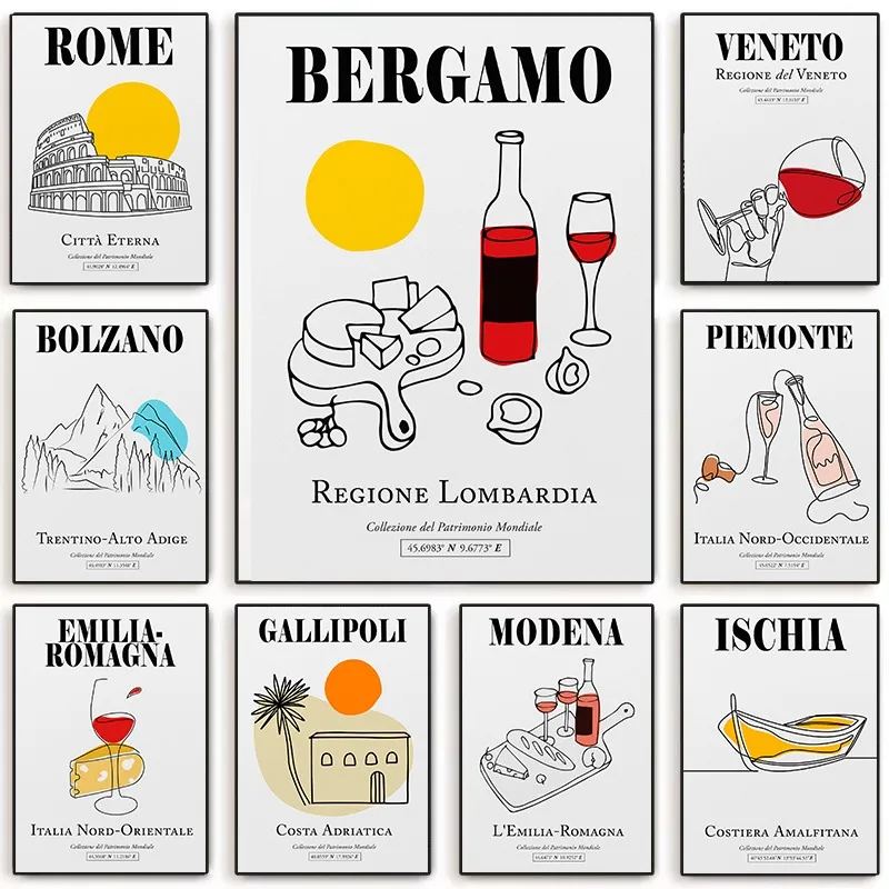 Абстрактный минималистичный итальянский туристический постер красное вино