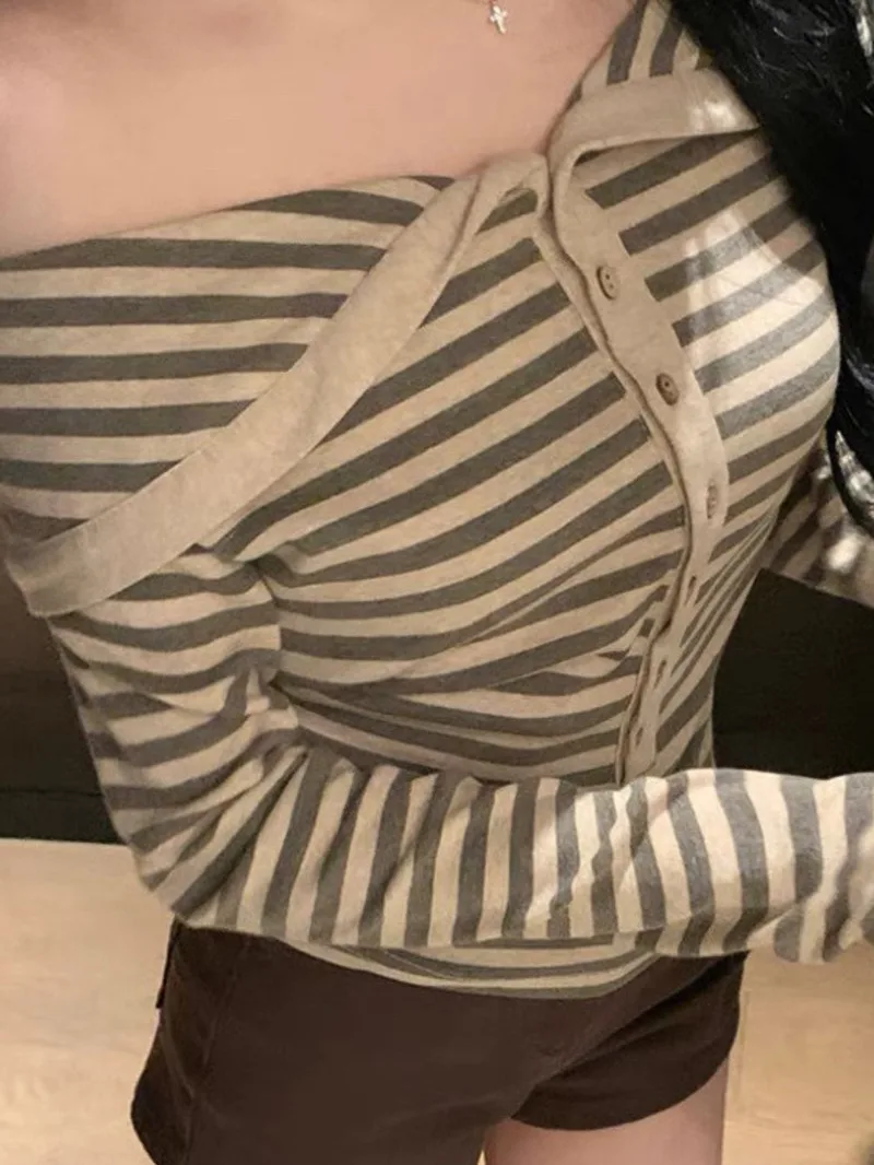 Осень/зима новинка 2024 полосатый пуловер с открытыми плечами и длинными рукавами