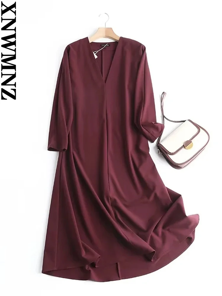 

XNWMNZ 2023 Women fashion elegant temperament dress Woman V-neck long-sleeve office lady chic female chic midi dresses