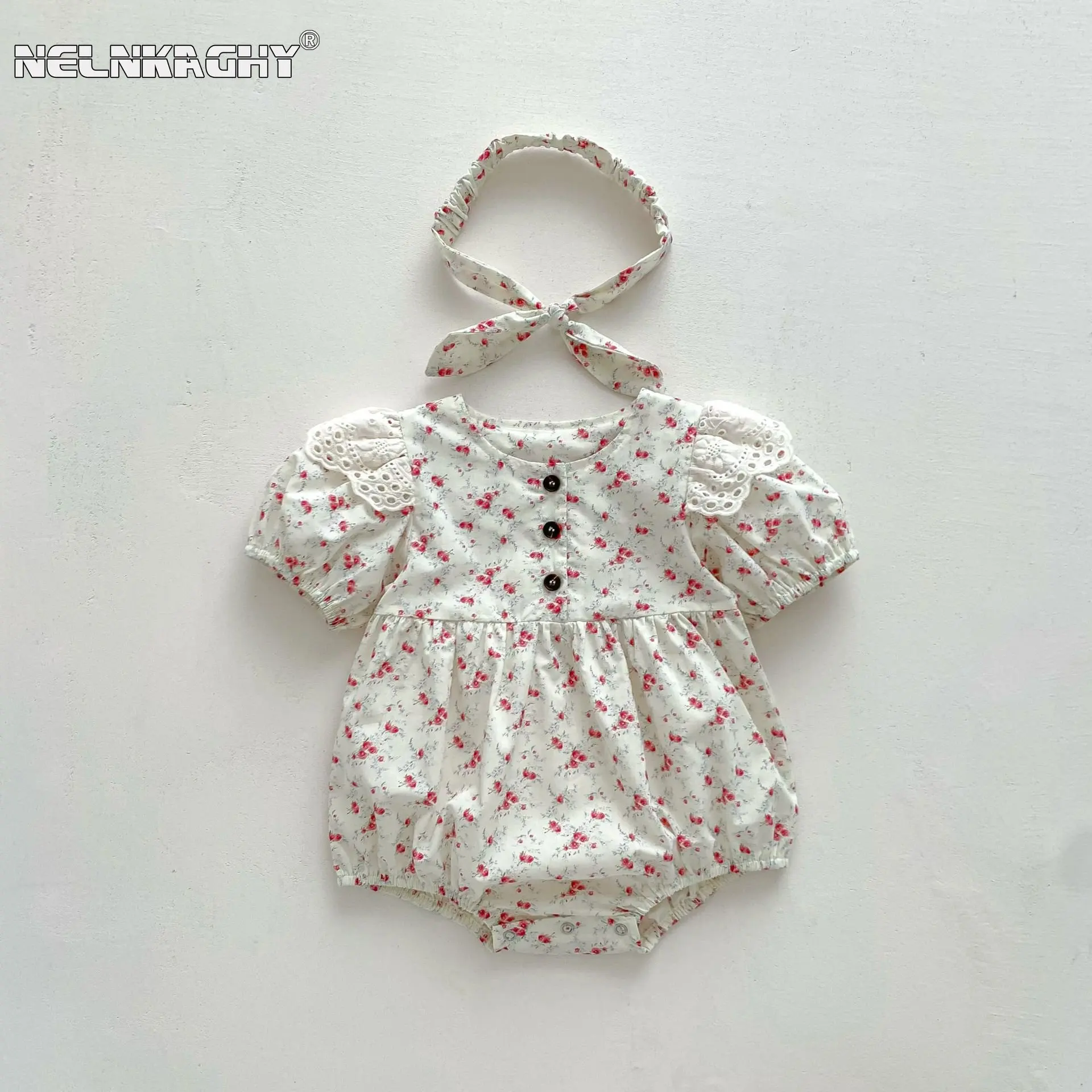 newborn baby girls short sleeve floral patchwork lace outwear infant kids cotton clothing toddler bodysuit gift headbands 유아복