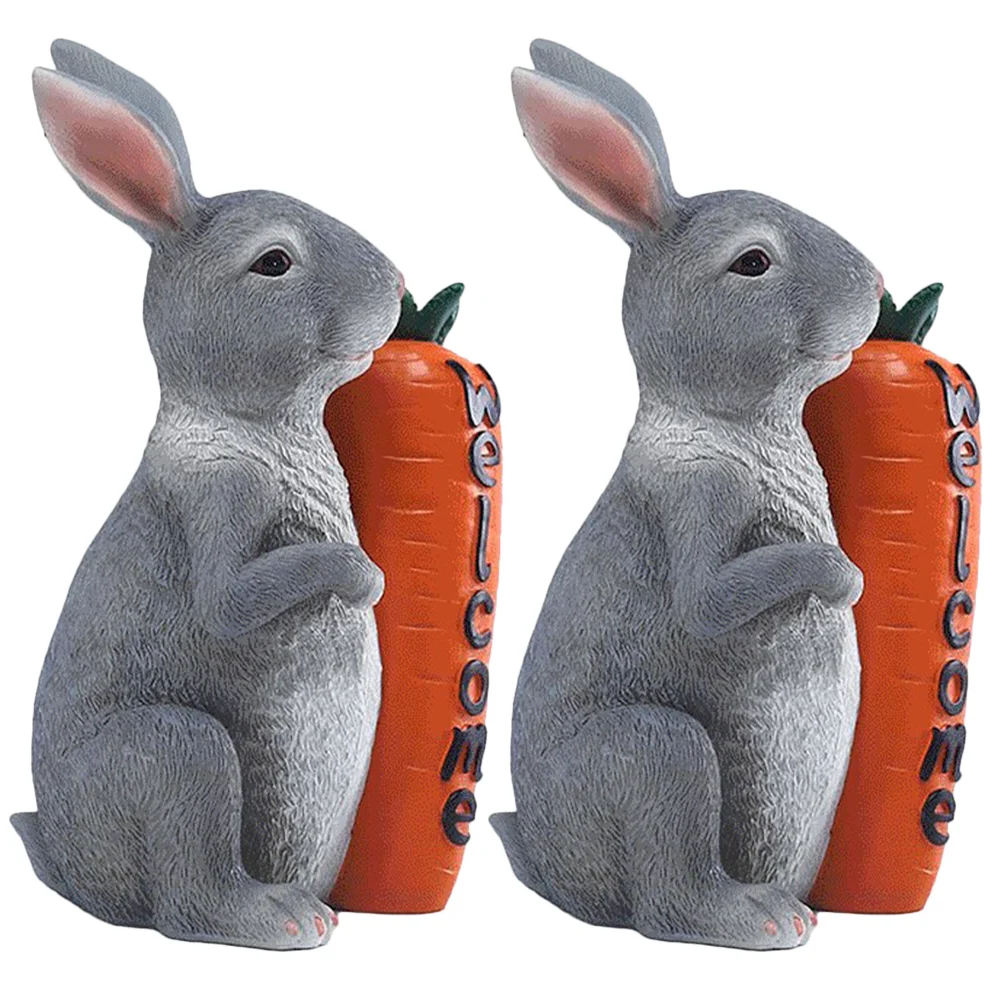

2pcs Welcome Resin Bunny Figurine Garden Bunny Statue Decor Cartoon Rabbit Ornament Home Decor