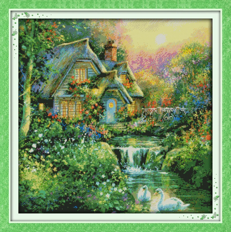 

Joy Sunday Pre-printed Cross Stitch Kit Easy Pattern Aida Stamped Fabric Embroidery Set-Country Cabin (2)