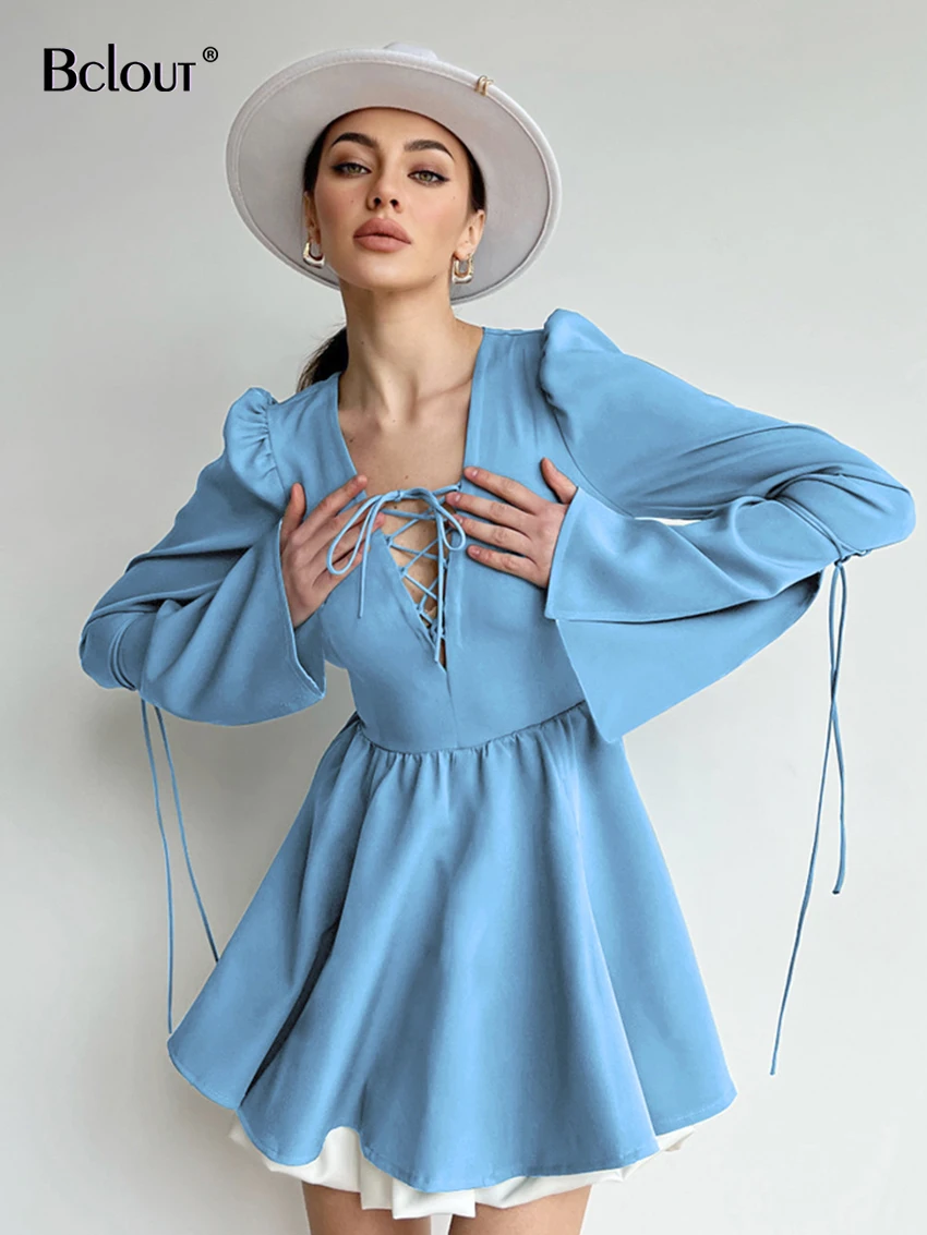 

Bclout Fashion Patchwork Dress Women 2023 Elegant Puff Sleeve Lace-Up Pleated Dresses Autumn Blue V-Neck A-Line Party Mini Dress
