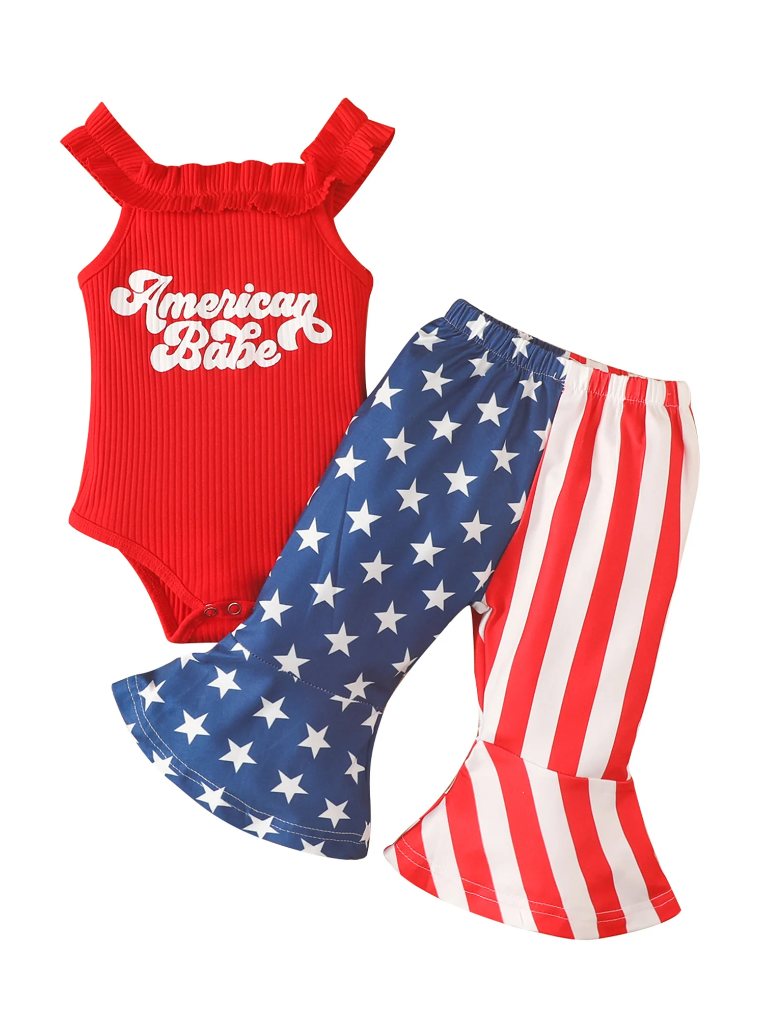 

Baby Girl 4th of July Outfit Set American Babe Independence Day 2pcs Toddler Playsuit Pants Set