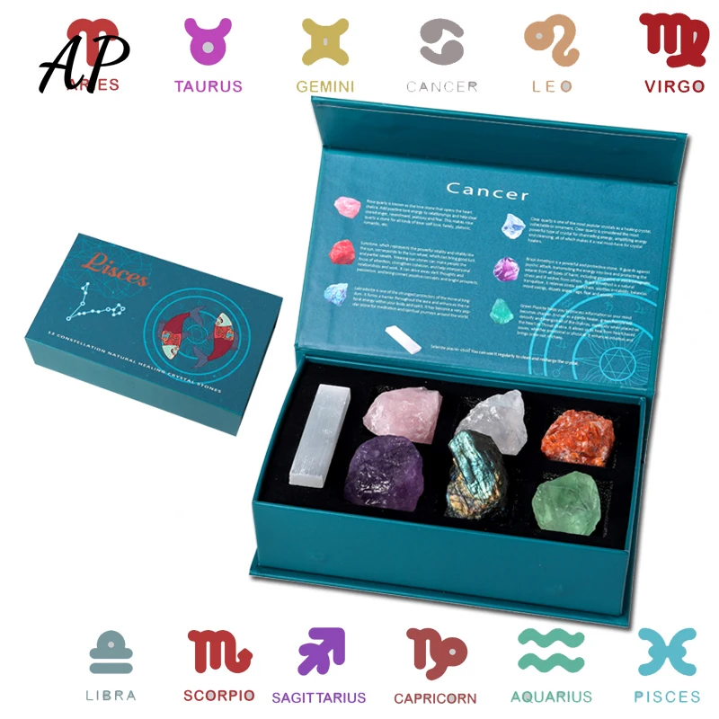 Natural Crystal Raw Stone Rose Quartz 12 Constellation Guardian Gem Gift Box Energy Amulet Wishing Quartz  Divination Stone