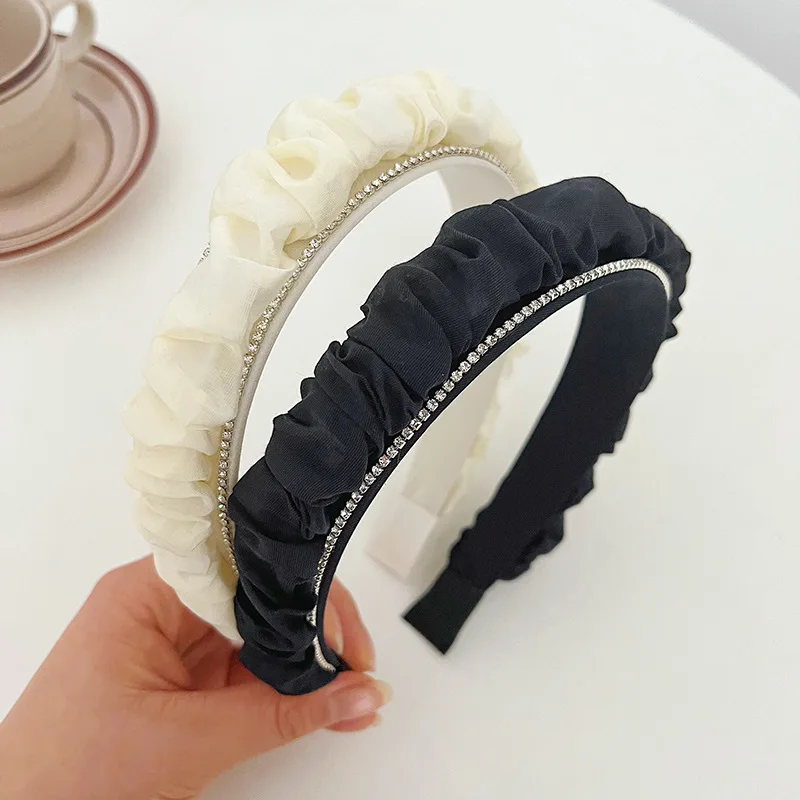 French Elegant Simple Rhinestone Headbands Crown Handmade Chiffon Fabric Hairband Tiara Crystals Party Headdress Hair Hoop