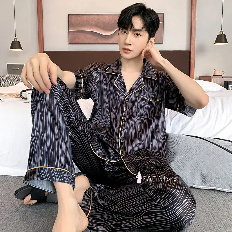 Men Sleepwear Silk Satin Pijama Set Pajama Sets Short Sleeve Sleep Home Clothes Man 2 Pieces Sets Home Suits Pyjamas L-5XL