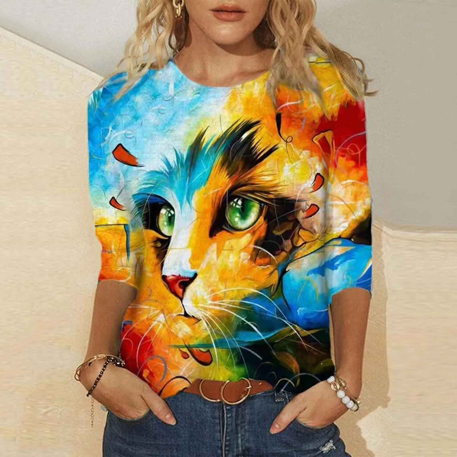 

Женский пуловер с круглым вырезом, повседневный свободный Мягкий Топ с рукавами, весна-лето 3/4