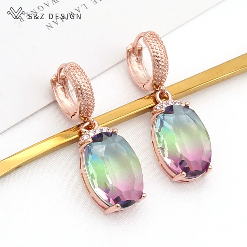

S&Z DESIGN Fashion Oval Egg Shape Imitation Tourmaline Dangle Earrings For Women Wedding Party 585 Rose Gold Color Jewelry