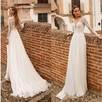 2022 elegant a line lace appliques wedding dress v neck long sleeve backles sweep train chiffon bride gown vestidos de noiva