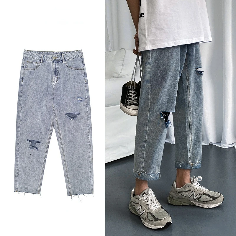 DEEPTOWN Ripped Jeans Loose Streetwear Distressed Denim Pants Men's Fashion Washed Trousers Male Hip Hop Youth Casual Hole