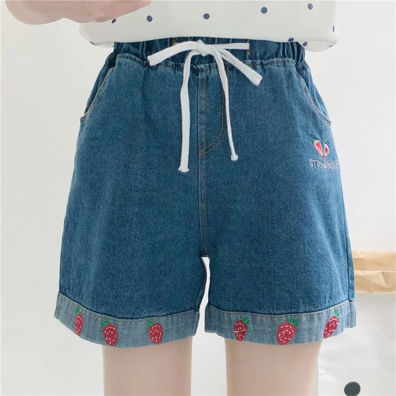 High Waisted Bottoms Summer Loose Kawaii Jeans Strawberry Embroidery Women Denim Shorts Girls 2021 Cute Casual Shorts Fashion
