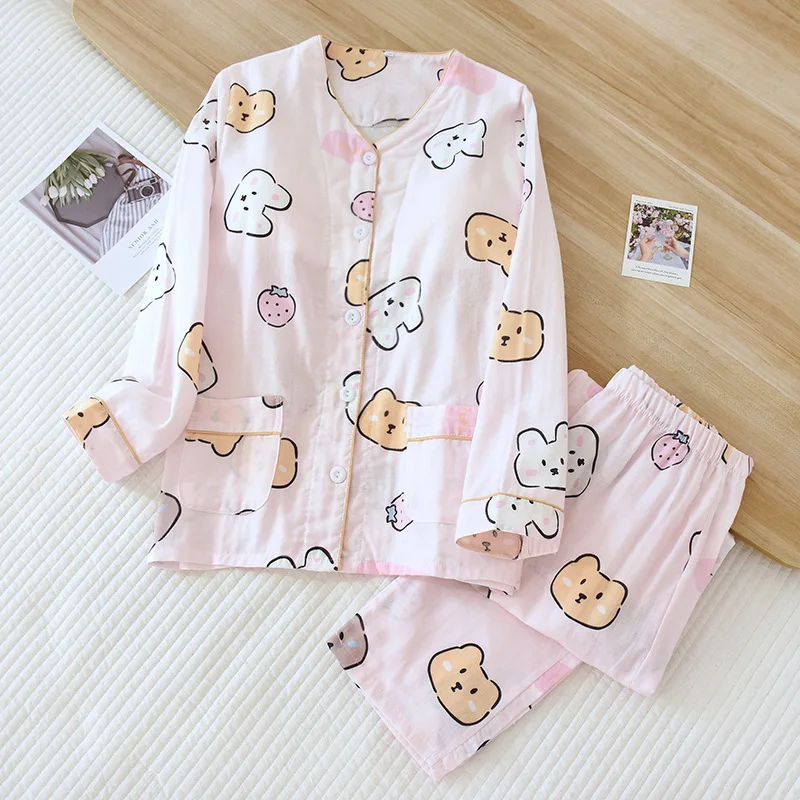 Cotton Women's Pajamas with Chest Pads Four Seasons Thin Long-sleeved Bra-free Loose Casual Sleepwear Home Set Two-piece Suit