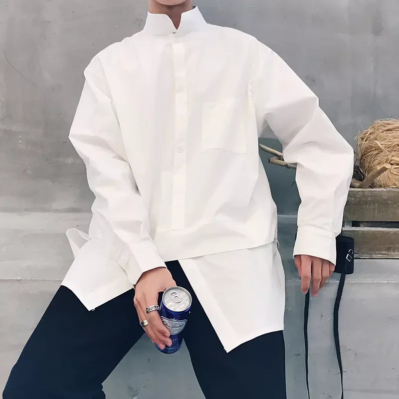 Vitalith Fashion Loose Solid Color Stand Collar Long Sleeve Shirt Male Streetwear Casual Tops M-XL Men Shirts New Youthful