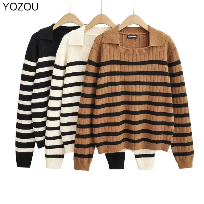 

YOZOU 2022 Cotton Autumn Winter Brown White Black Vintage Striped Crochet Sweater Jumper Pullover Knitted Top Women Korean Warm