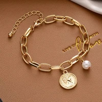 fashion gold large chain bracelets for women pearl portrait coin crucifix bangle bracelets bohemian female jewelry wholesale