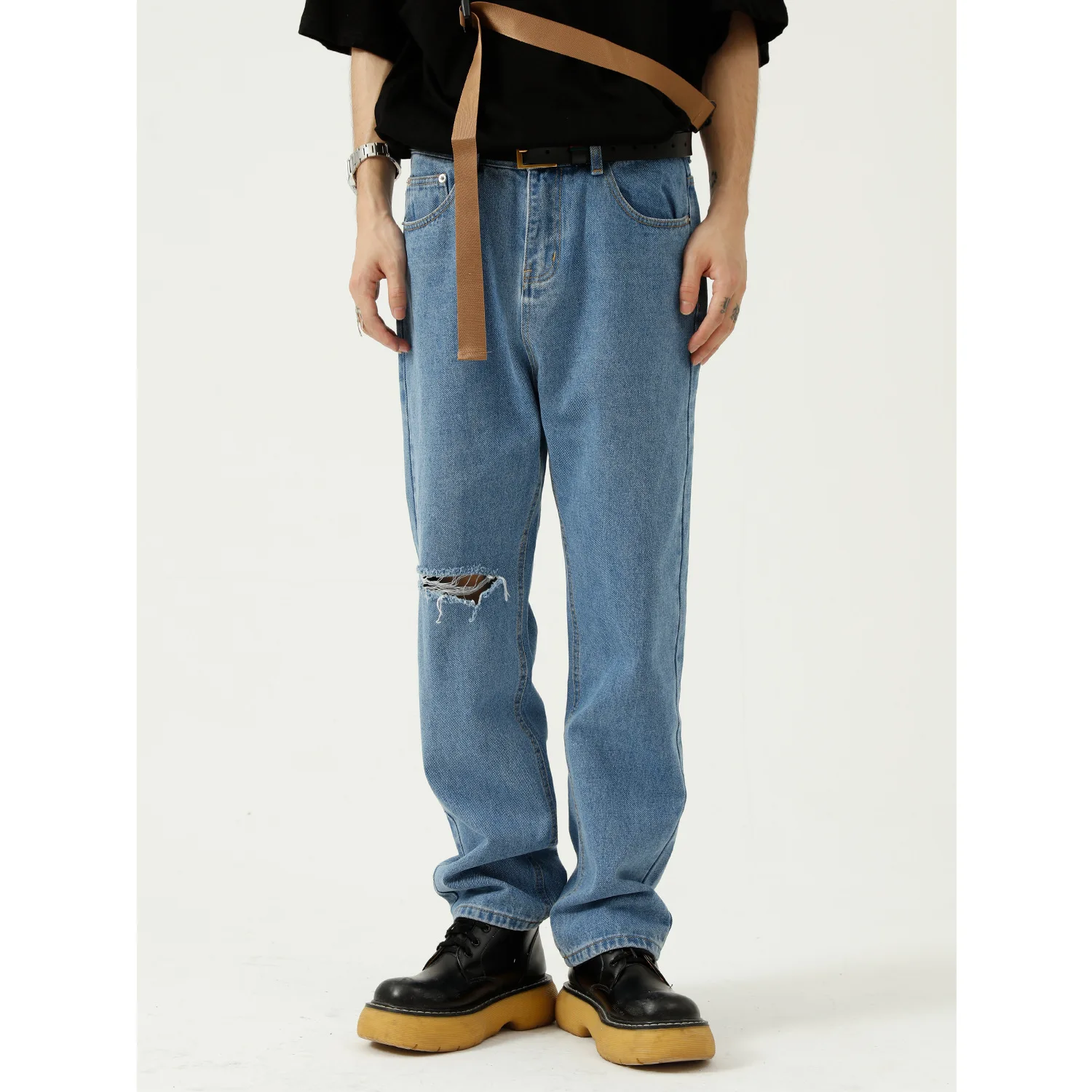 

Новинка, высококачественные корейские прямые джинсы с дырками на талии, Узкие повседневные джинсы, мужские джинсовые брюки