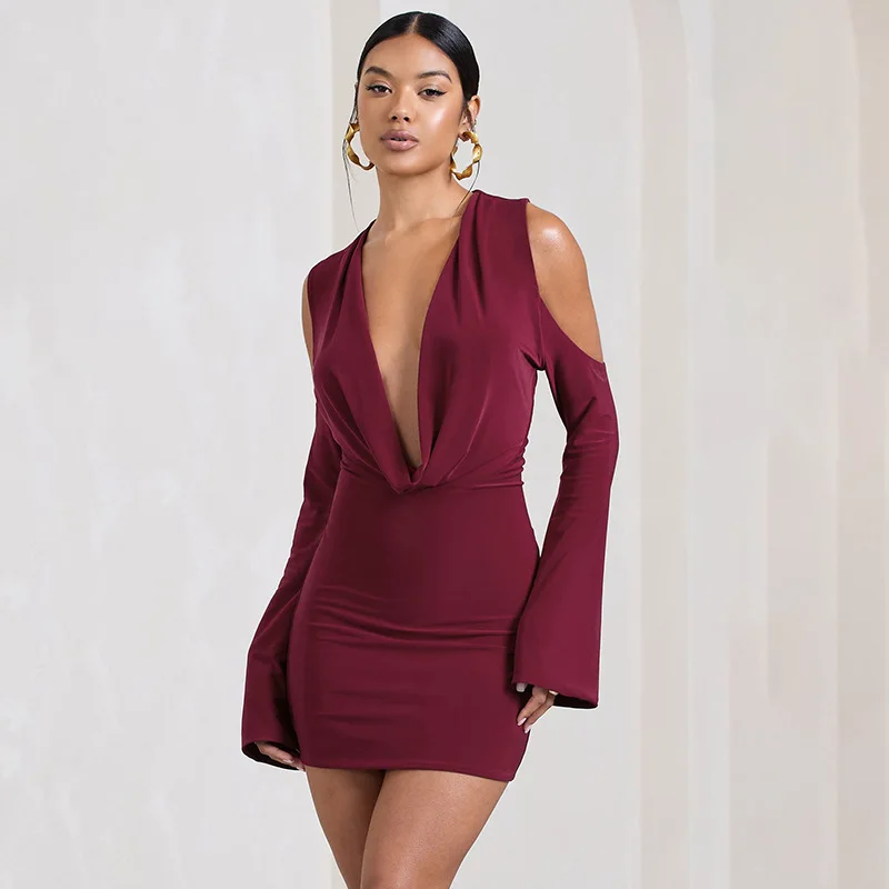 

Ladies Deep V-neck Short Dress Autumn Women Solid Color Swinging Collar Off Shoulder Long Sleeve Slim Sexy Dresses Clubwear