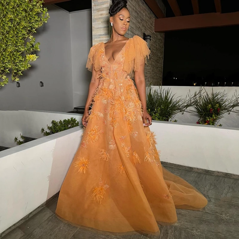 

V-neck Prom Dress Ruffles Tulle Dress A-line Evening Dresses Crystals Women's Dress Elegant Dresses For Women Feather Dress