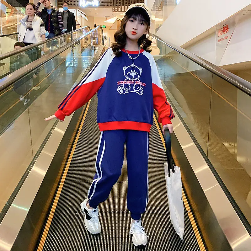 

2022 Children Clothing Suit Teenage Girls Clothing Sets Teen Girls Sport Short Top+Wide Leg Pants Loose 2Pcs Set 6 8 10 12 Year