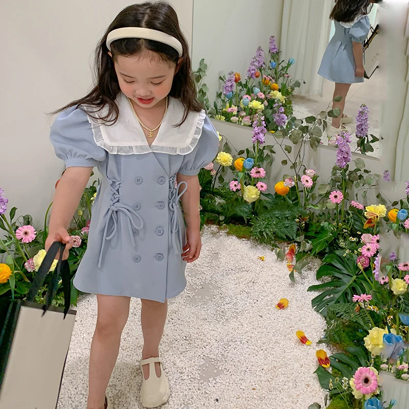 

Girls Dresses 2022 Summer New Waist Big Lapel Puff Sleeve Dress Baby Korean Suit Dress Baby Clothing Girls Fashion Kids Outfit