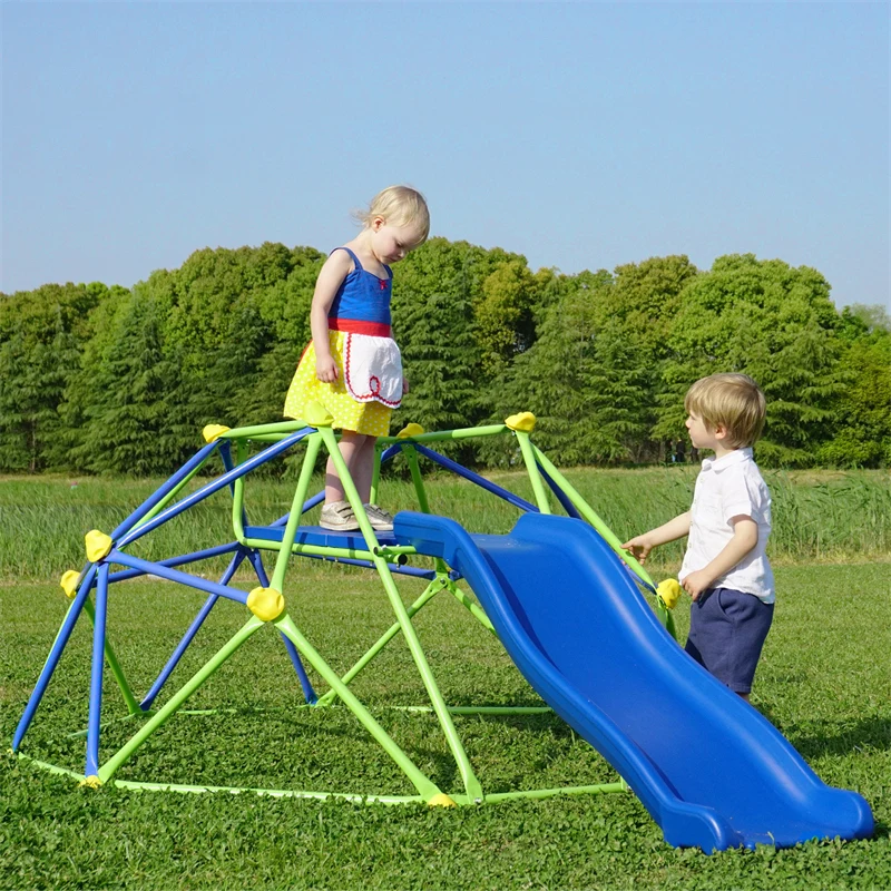 

Kids Climbing Dome Jungle Gym - 6 ft Geometric Playground Dome Climber Play Center With 4.6Ft Wave Slide, Rust & UV Resistant