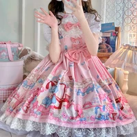 japanese sweet lace jsk lolita dress girly kawaii pink lace bow suspender princess party dress harajuku cute fairy vestidos